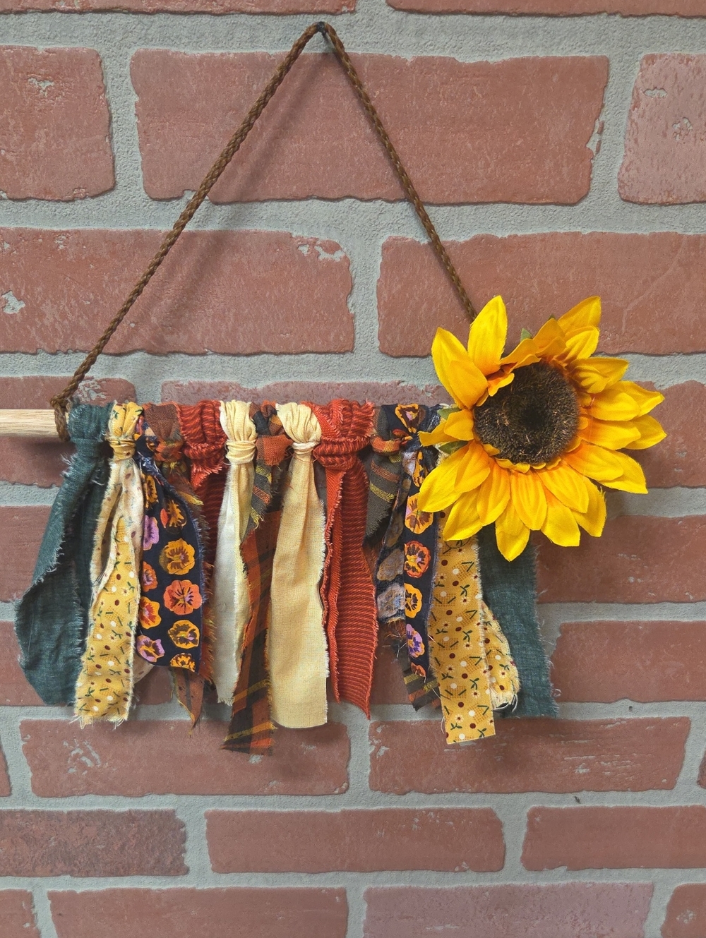 Handmade Sunflower Rag Tie Wall Hanging - Yellow & Rustic Tones